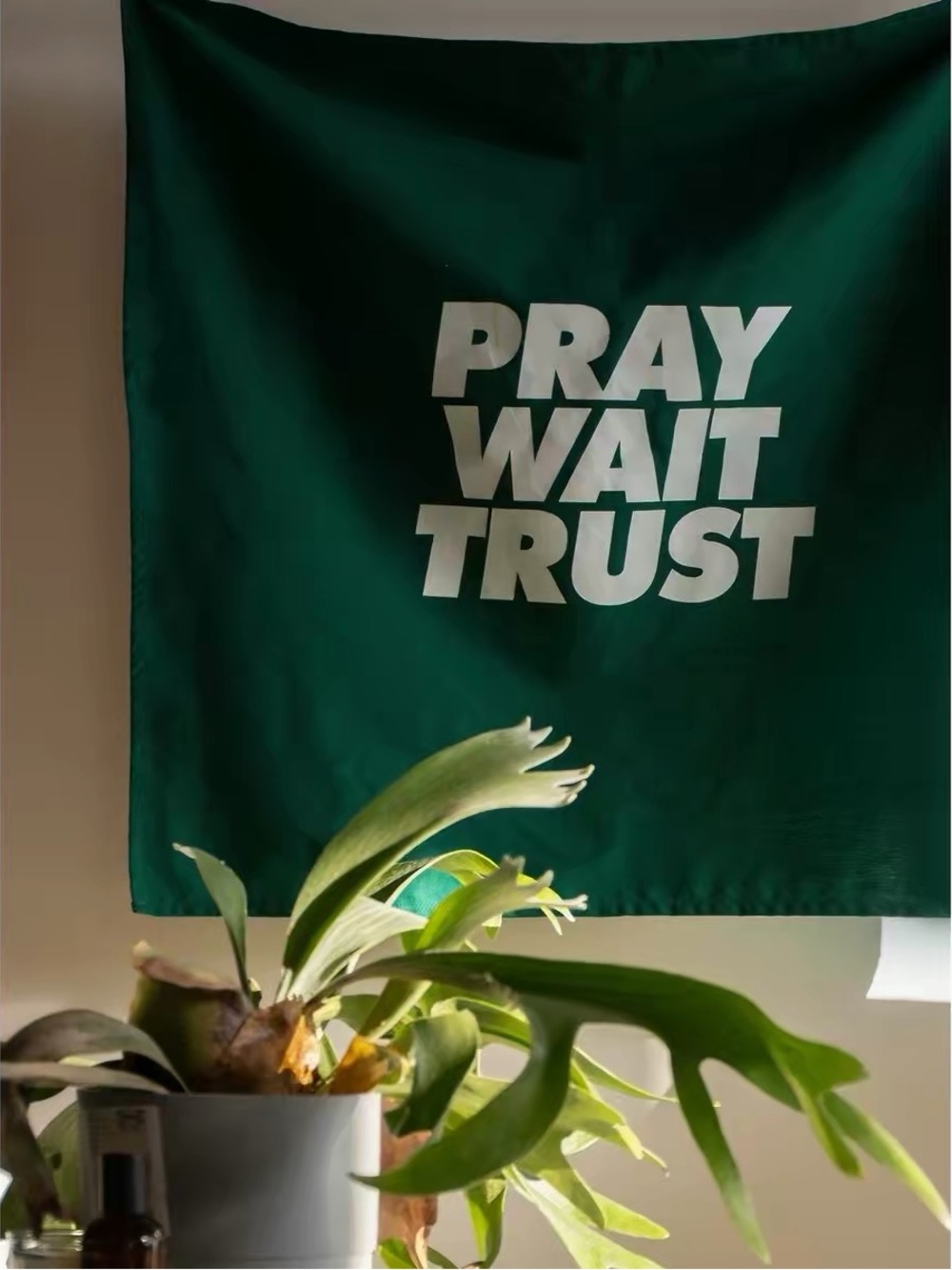 Dark Green 'Pray Wait Trust' Wall Tapestry